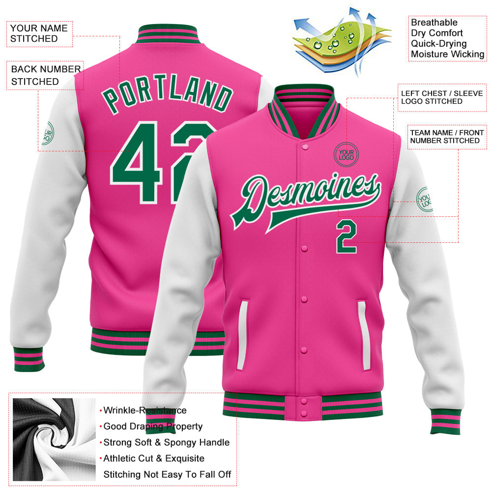 Custom Pink Kelly Green-White Bomber Full-Snap Varsity Letterman Two Tone Jacket view 5