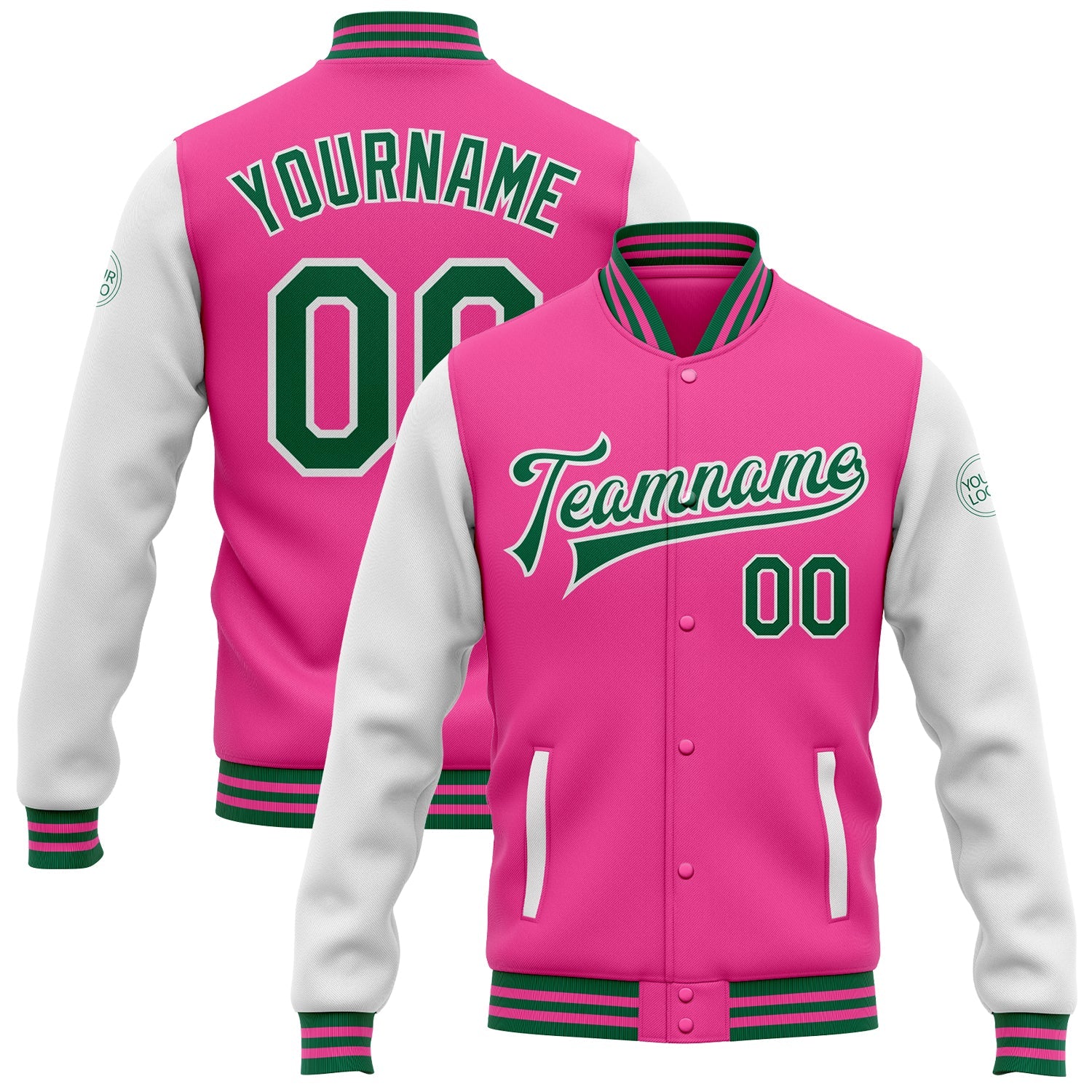 Custom Pink Kelly Green-White Bomber Full-Snap Varsity Letterman Two Tone Jacket - Main View