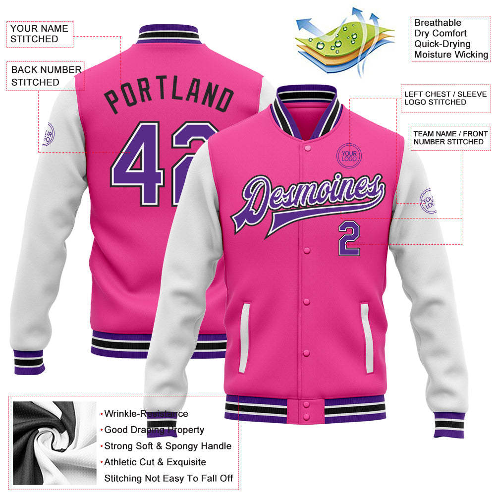 Custom Pink Purple White-Black Bomber Full-Snap Varsity Letterman Two Tone Jacket view 5