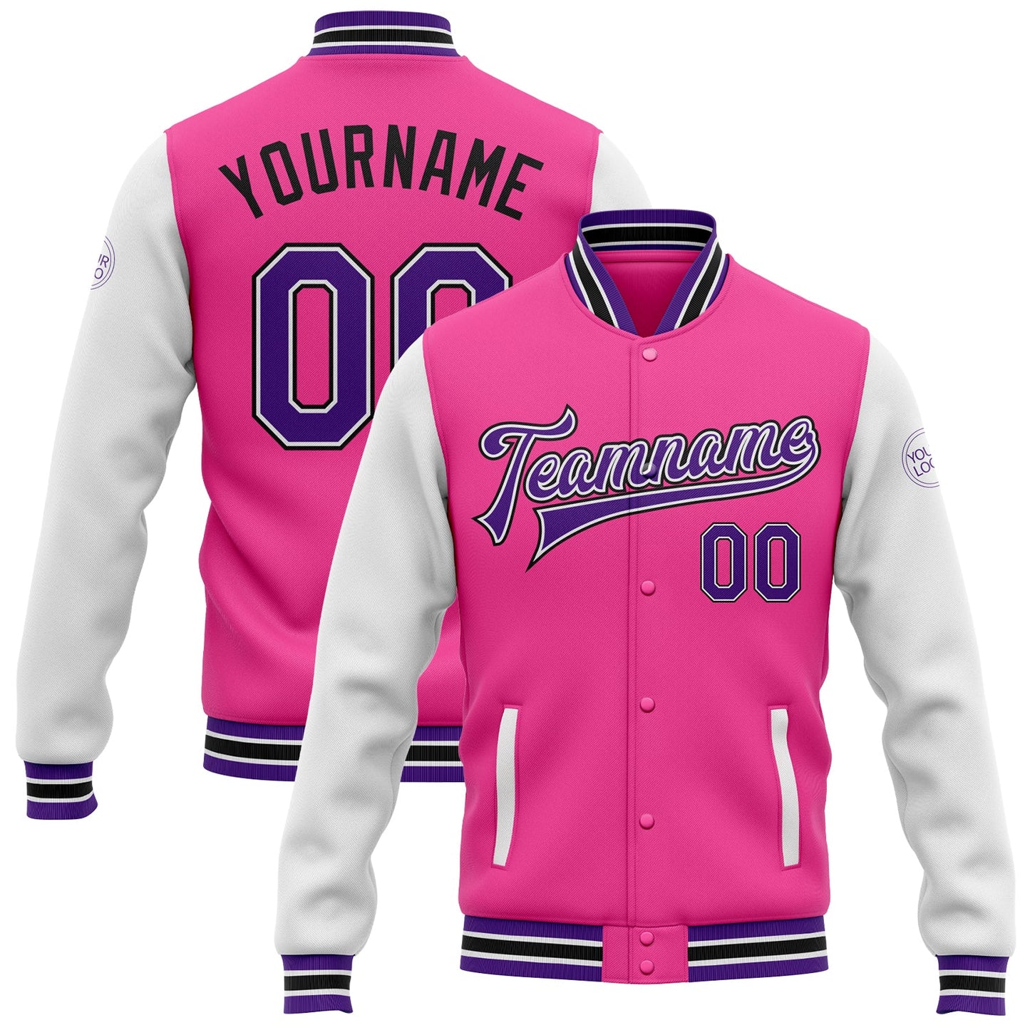 Custom Pink Purple White-Black Bomber Full-Snap Varsity Letterman Two Tone Jacket - Main View