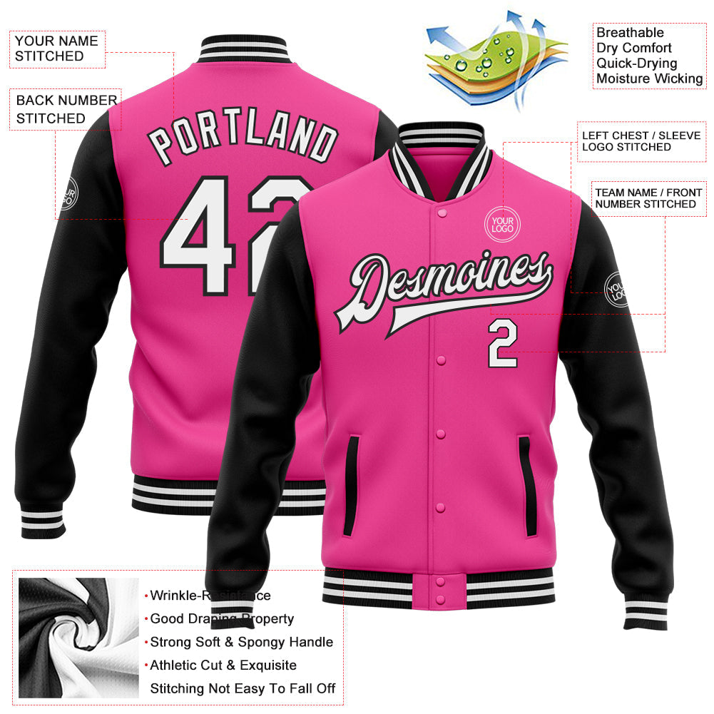 Custom Pink White-Black Bomber Full-Snap Varsity Letterman Two Tone Jacket view 5