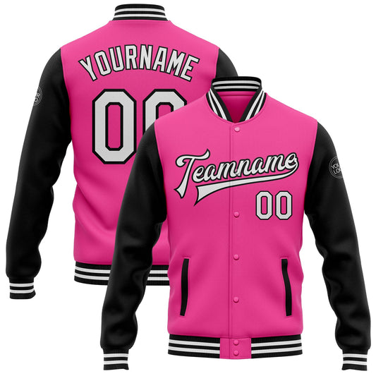 Custom Pink White-Black Bomber Full-Snap Varsity Letterman Two Tone Jacket - Main View
