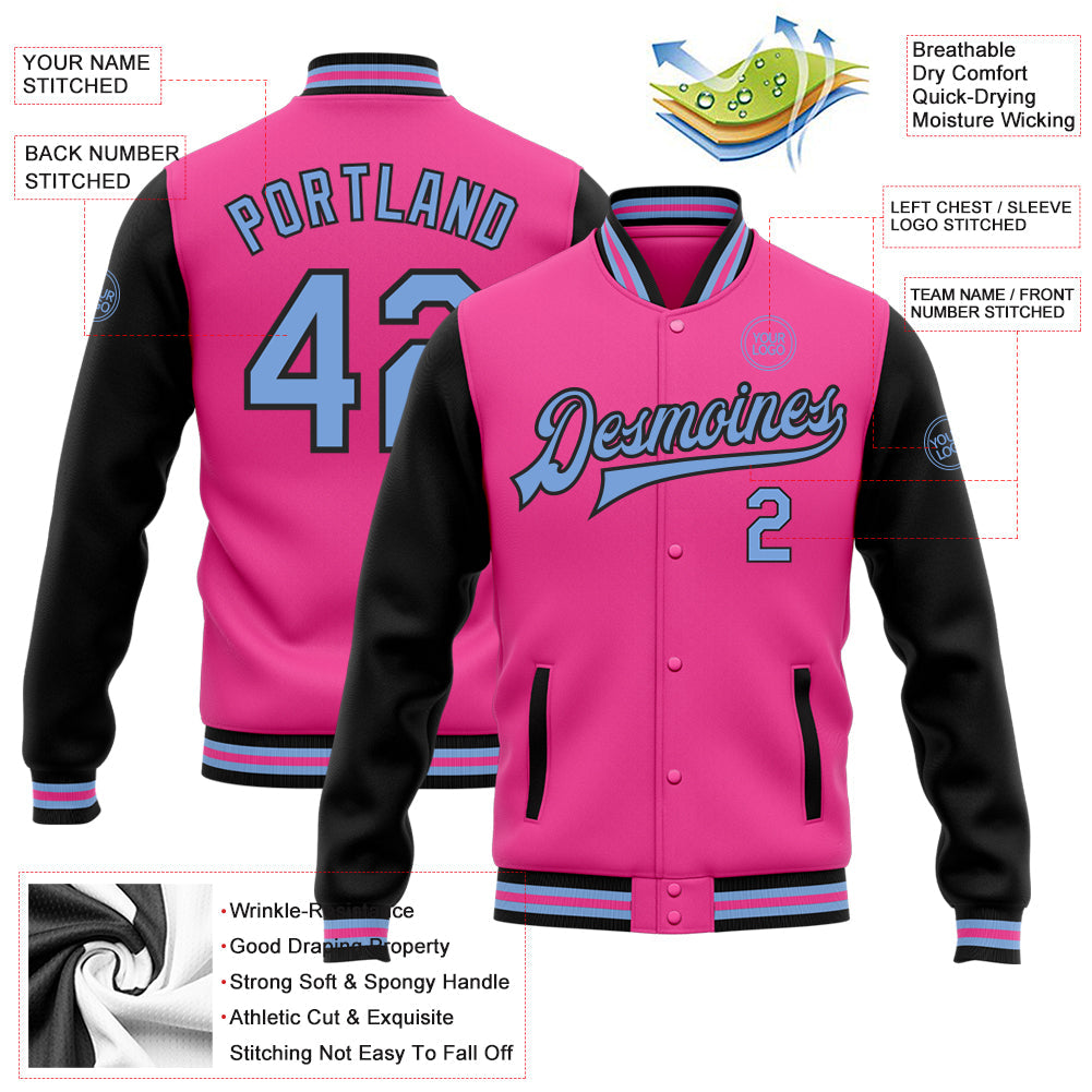 Custom Pink Light Blue-Black Bomber Full-Snap Varsity Letterman Two Tone Jacket view 5