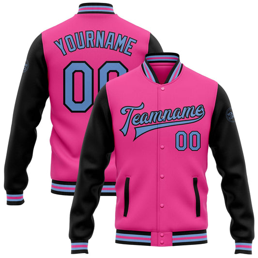 Custom Pink Light Blue-Black Bomber Full-Snap Varsity Letterman Two Tone Jacket - Main View