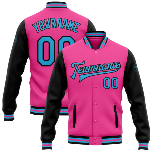 Custom Pink Sky Blue-Black Bomber Full-Snap Varsity Letterman Two Tone Jacket - Main View
