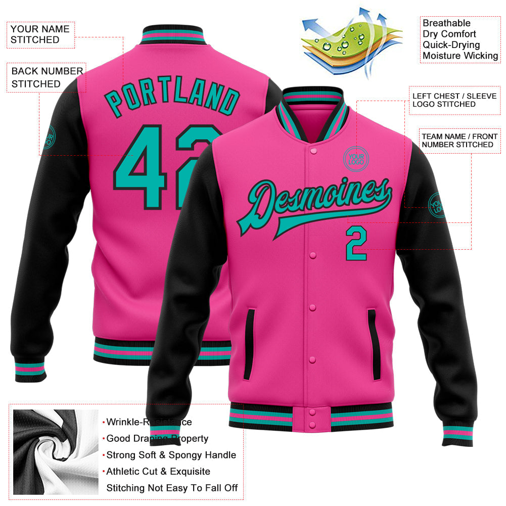 Custom Pink Aqua-Black Bomber Full-Snap Varsity Letterman Two Tone Jacket view 5