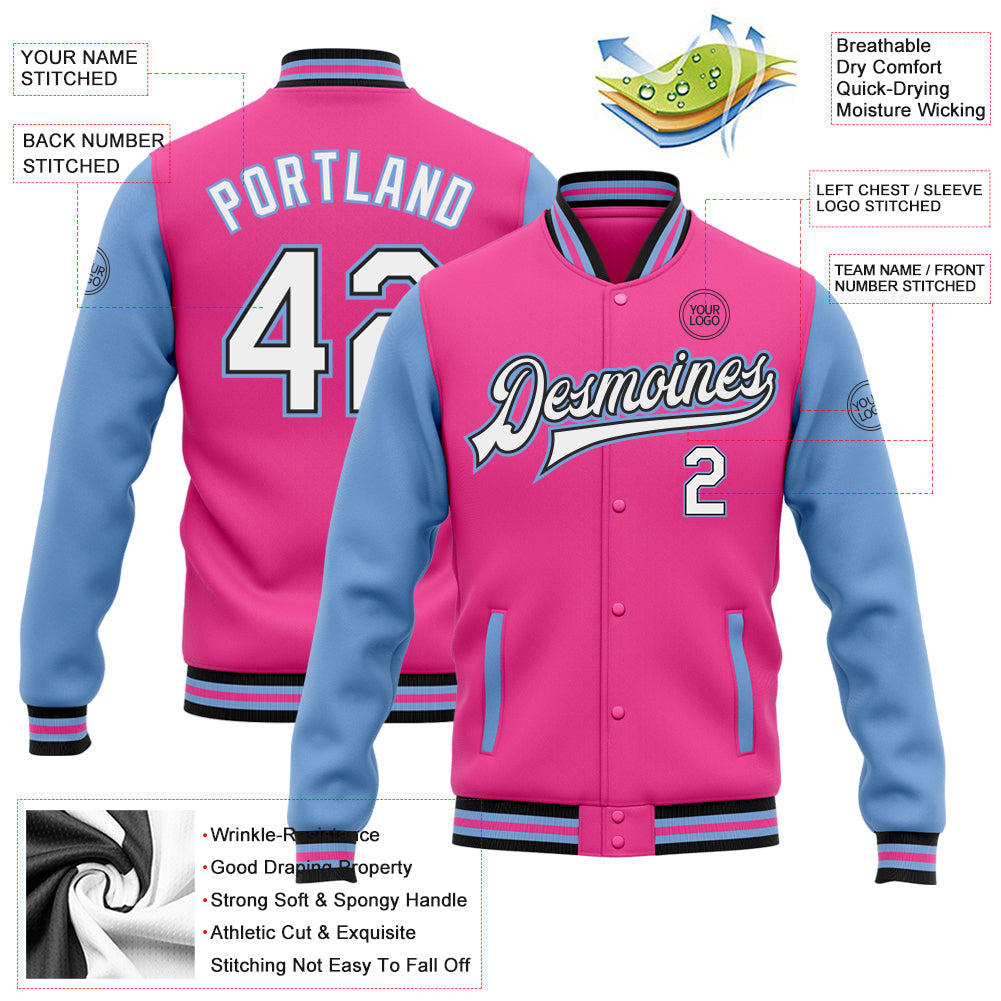Custom Pink White Black-Light Blue Bomber Full-Snap Varsity Letterman Two Tone Jacket view 5