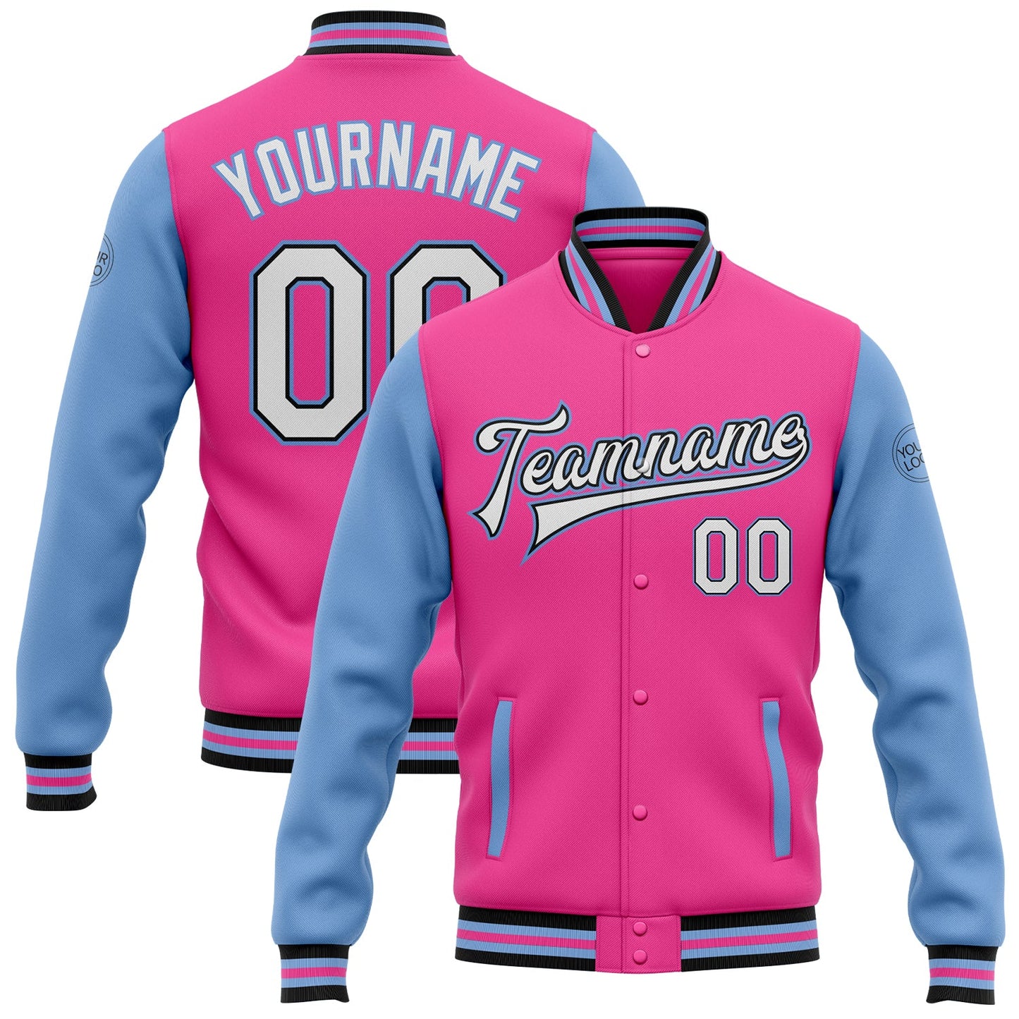 Custom Pink White Black-Light Blue Bomber Full-Snap Varsity Letterman Two Tone Jacket - Main View