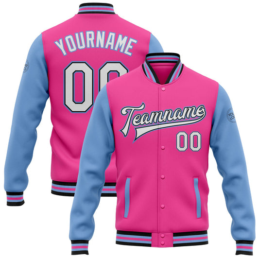 Custom Pink White Black-Light Blue Bomber Full-Snap Varsity Letterman Two Tone Jacket - Main View