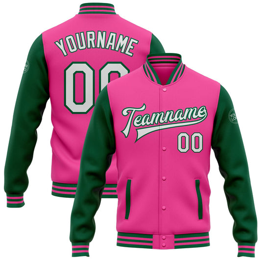 Custom Pink White-Kelly Green Bomber Full-Snap Varsity Letterman Two Tone Jacket - Main View