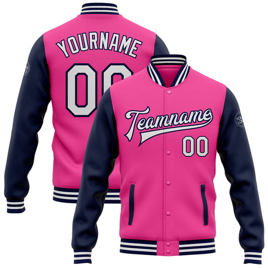 Custom Pink White-Navy Bomber Full-Snap Varsity Letterman Two Tone Jacket - Main View