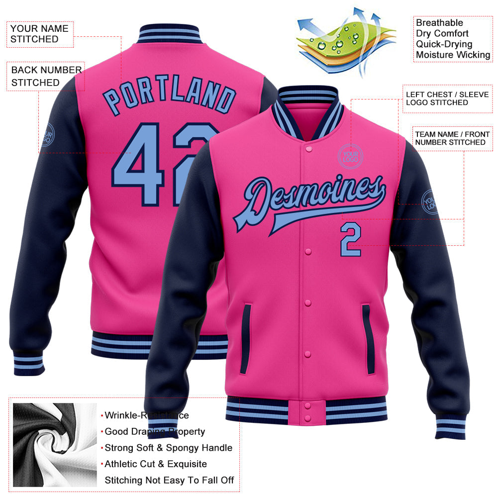 Custom Pink Light Blue-Navy Bomber Full-Snap Varsity Letterman Two Tone Jacket view 5