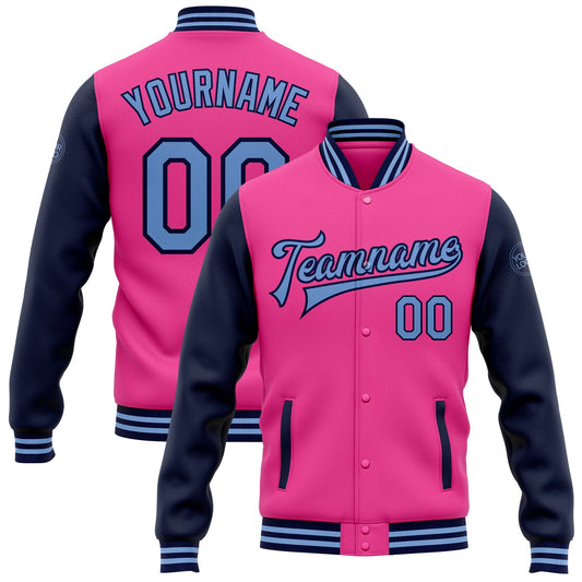 Custom Pink Light Blue-Navy Bomber Full-Snap Varsity Letterman Two Tone Jacket - Main View