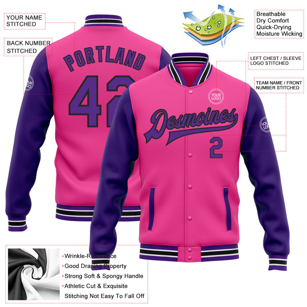 Custom Pink Purple-Black Bomber Full-Snap Varsity Letterman Two Tone Jacket view 5