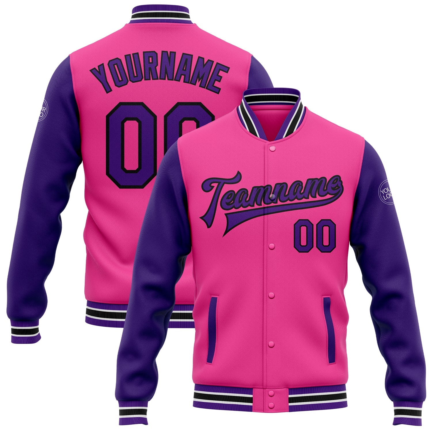 Custom Pink Purple-Black Bomber Full-Snap Varsity Letterman Two Tone Jacket - Main View