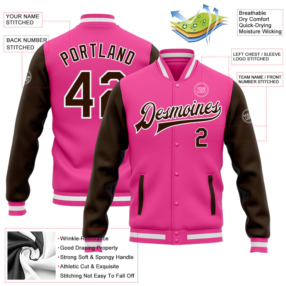 Custom Pink Brown-White Bomber Full-Snap Varsity Letterman Two Tone Jacket view 5