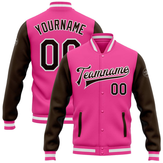 Custom Pink Brown-White Bomber Full-Snap Varsity Letterman Two Tone Jacket - Main View