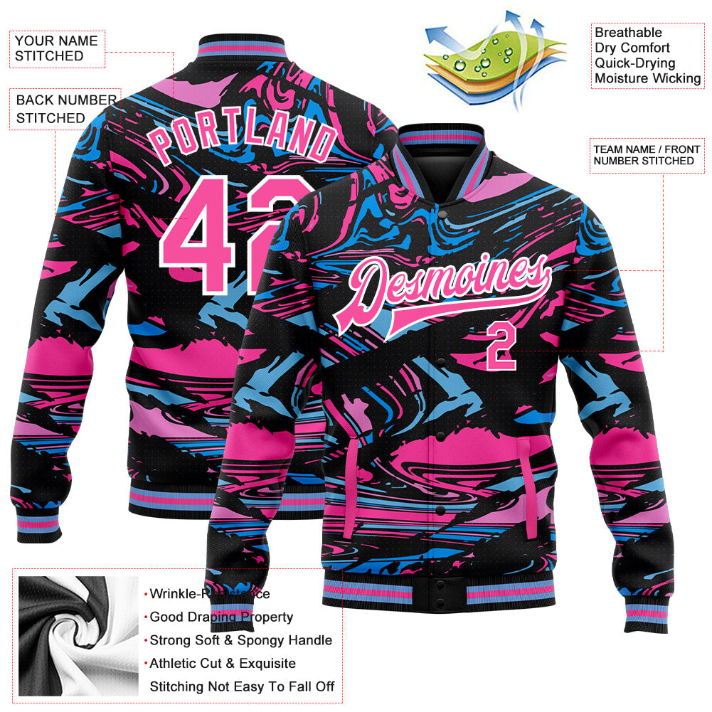 Custom Figure Pink-Light Blue 3D Pattern Design Bomber Full-Snap Varsity Letterman Jacket view 5