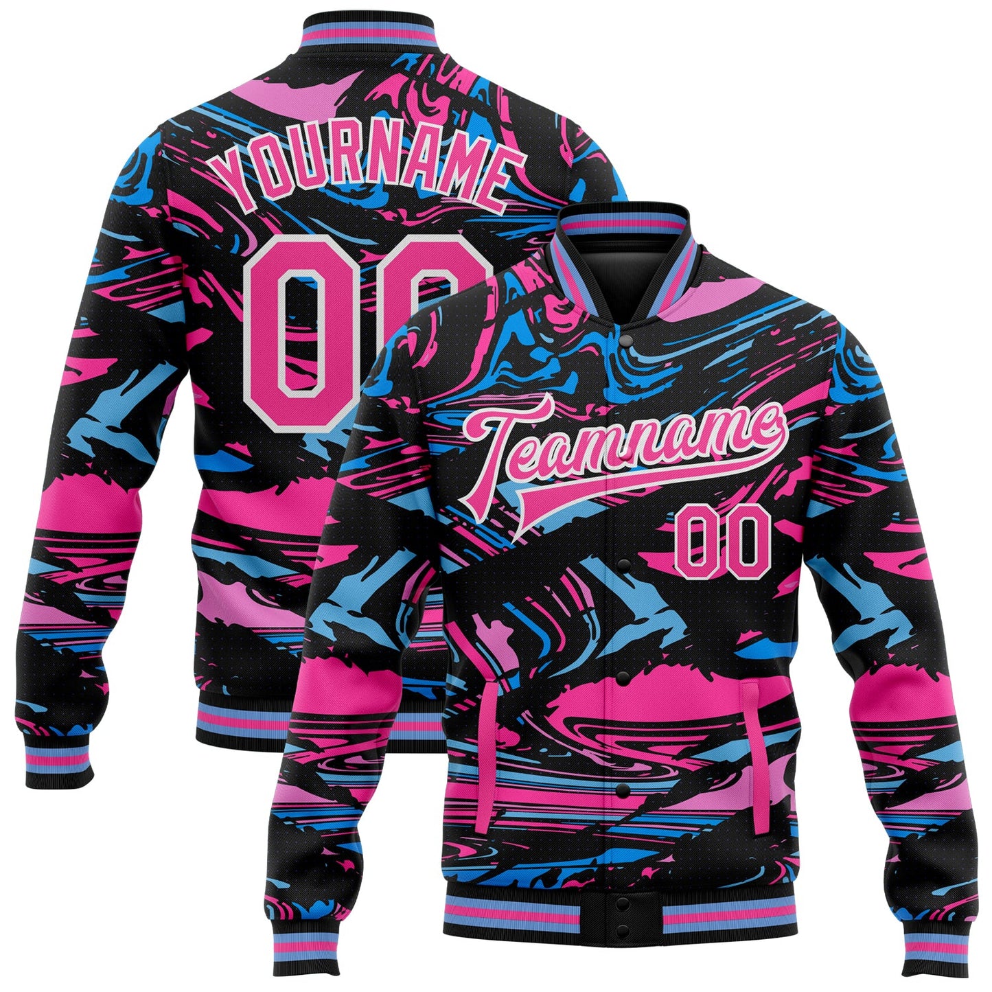 Custom Figure Pink-Light Blue 3D Pattern Design Bomber Full-Snap Varsity Letterman Jacket - Main View