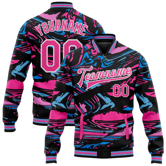 Custom Figure Pink-Light Blue 3D Pattern Design Bomber Full-Snap Varsity Letterman Jacket - Main View