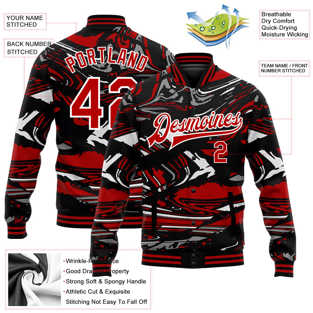 Custom Figure Red-Black 3D Pattern Design Bomber Full-Snap Varsity Letterman Jacket view 5