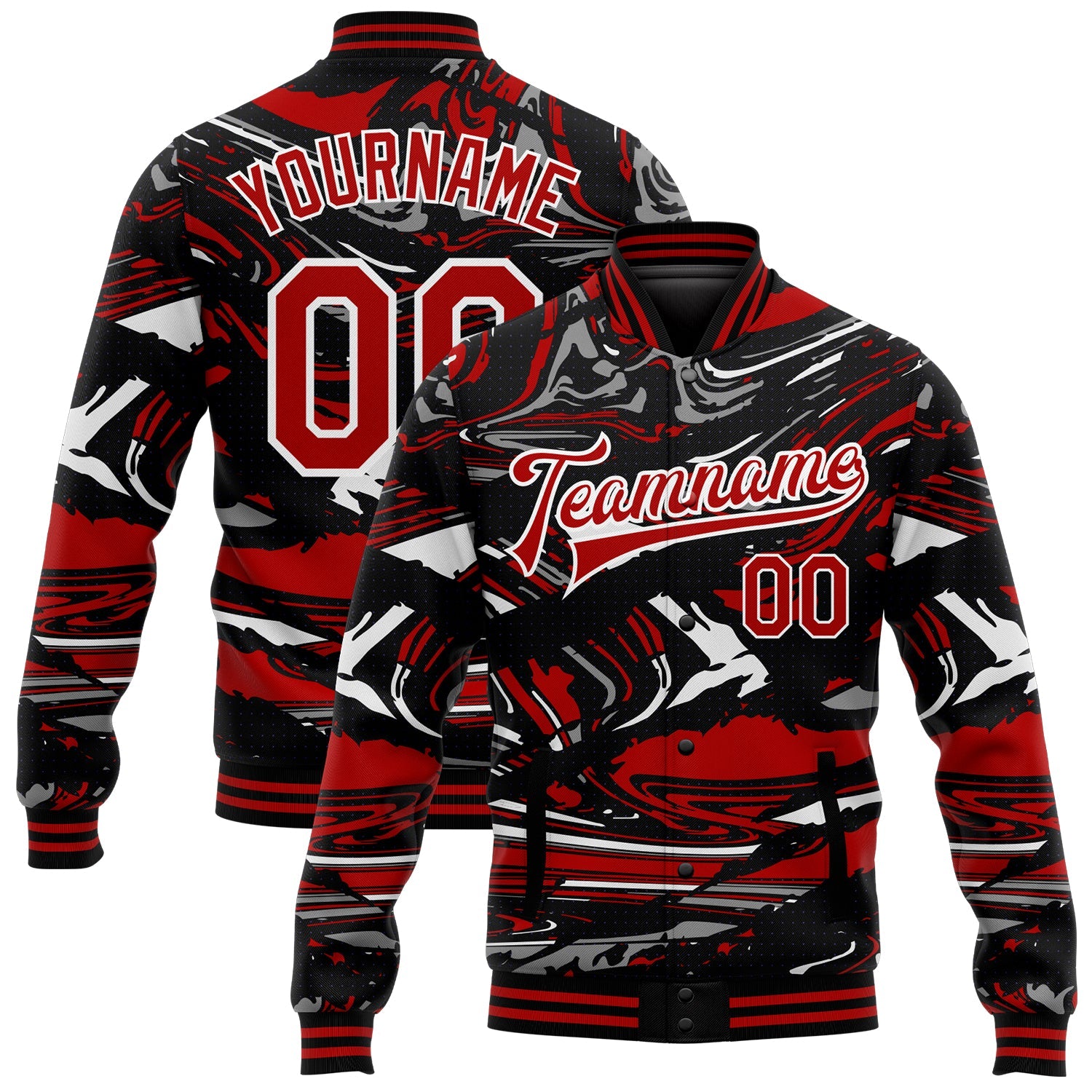 Custom Figure Red-Black 3D Pattern Design Bomber Full-Snap Varsity Letterman Jacket - Main View