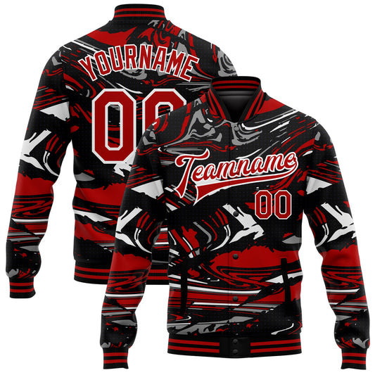Custom Figure Red-Black 3D Pattern Design Bomber Full-Snap Varsity Letterman Jacket - Main View