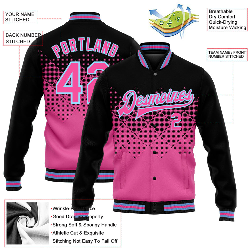 Custom Pink Light Blue-Black 3D Pattern Design Bomber Full-Snap Varsity Letterman Jacket view 5