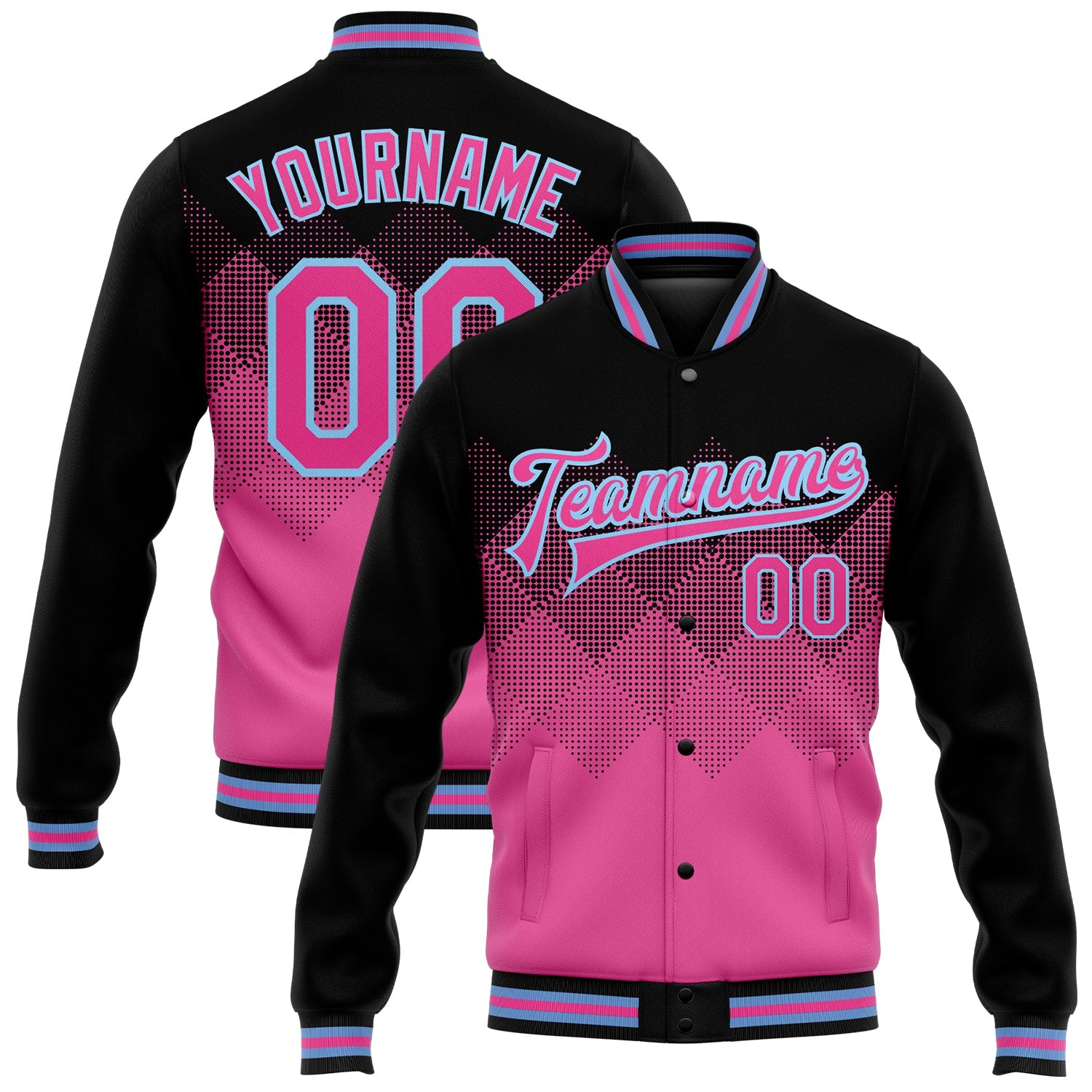 Custom Pink Light Blue-Black 3D Pattern Design Bomber Full-Snap Varsity Letterman Jacket - Main View