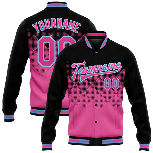Custom Pink Light Blue-Black 3D Pattern Design Bomber Full-Snap Varsity Letterman Jacket - Main View