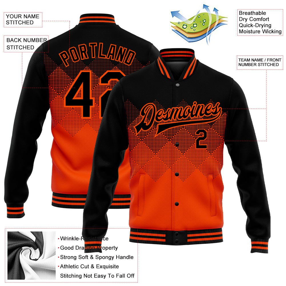 Custom Orange Black 3D Pattern Design Bomber Full-Snap Varsity Letterman Jacket view 5