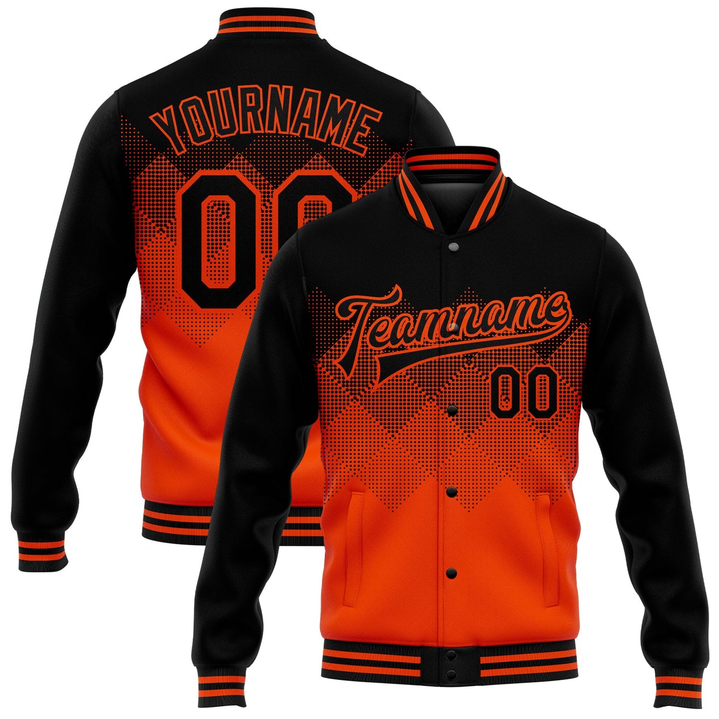 Custom Orange Black 3D Pattern Design Bomber Full-Snap Varsity Letterman Jacket - Main View