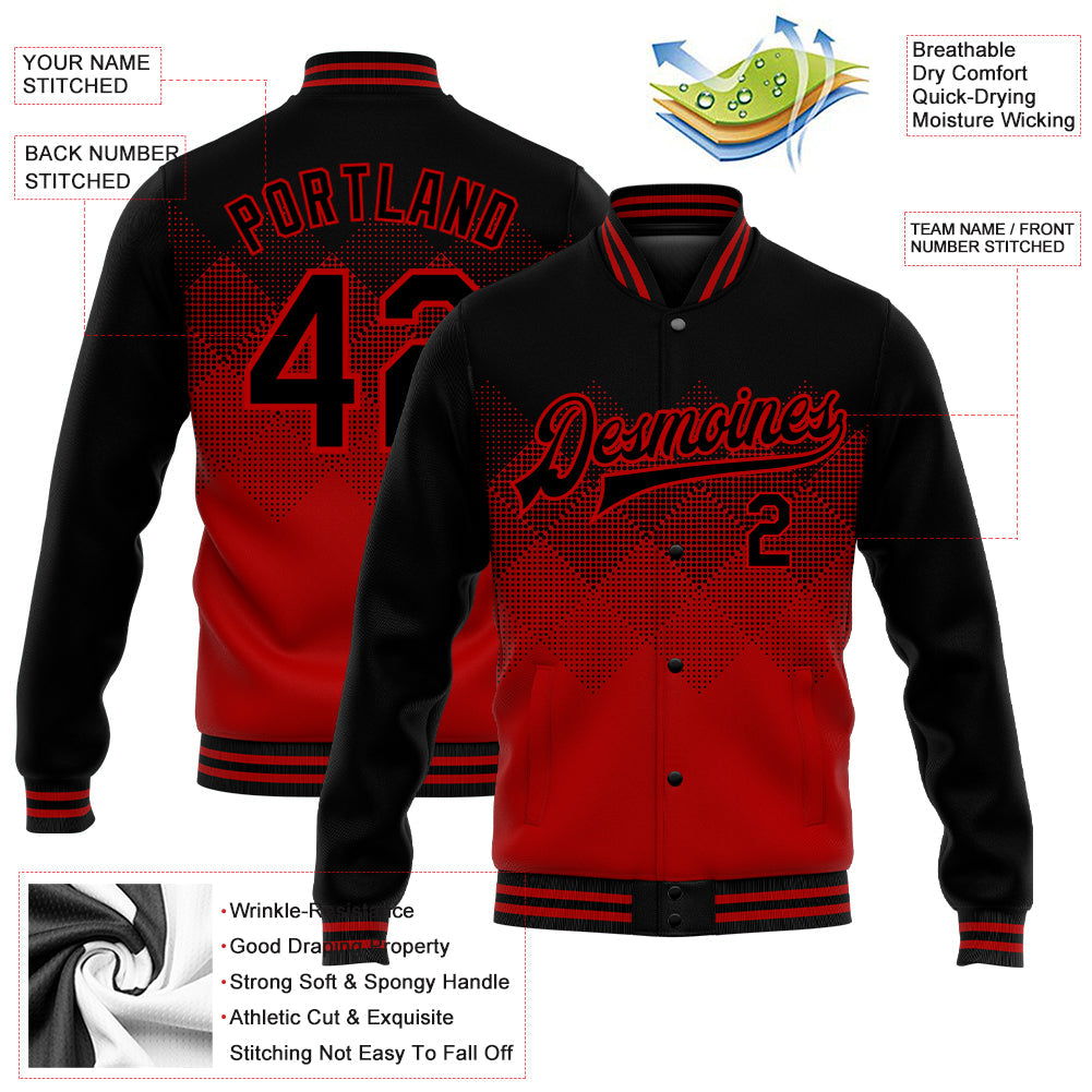 Custom Red Black 3D Pattern Design Bomber Full-Snap Varsity Letterman Jacket view 5