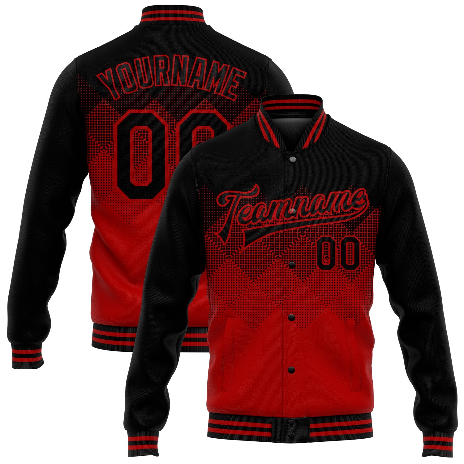 Custom Red Black 3D Pattern Design Bomber Full-Snap Varsity Letterman Jacket - Main View