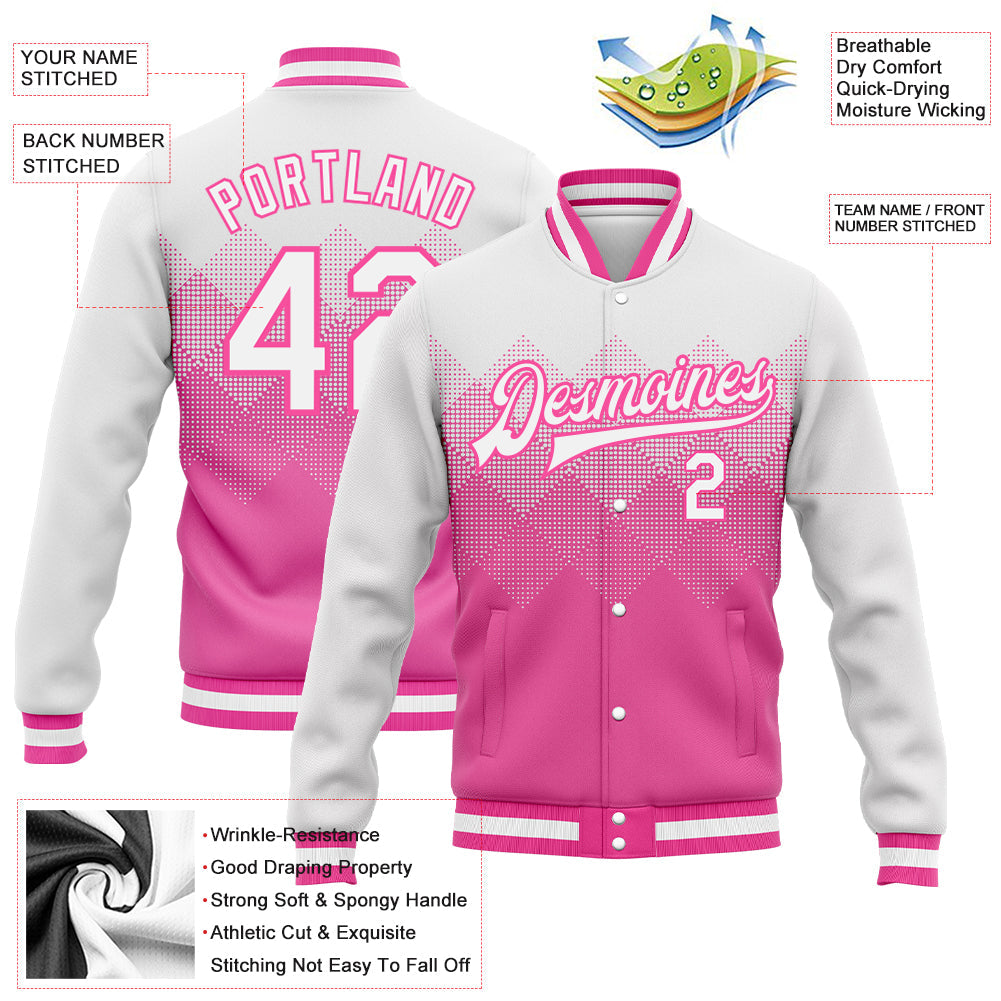 Custom Pink White 3D Pattern Design Bomber Full-Snap Varsity Letterman Jacket view 5