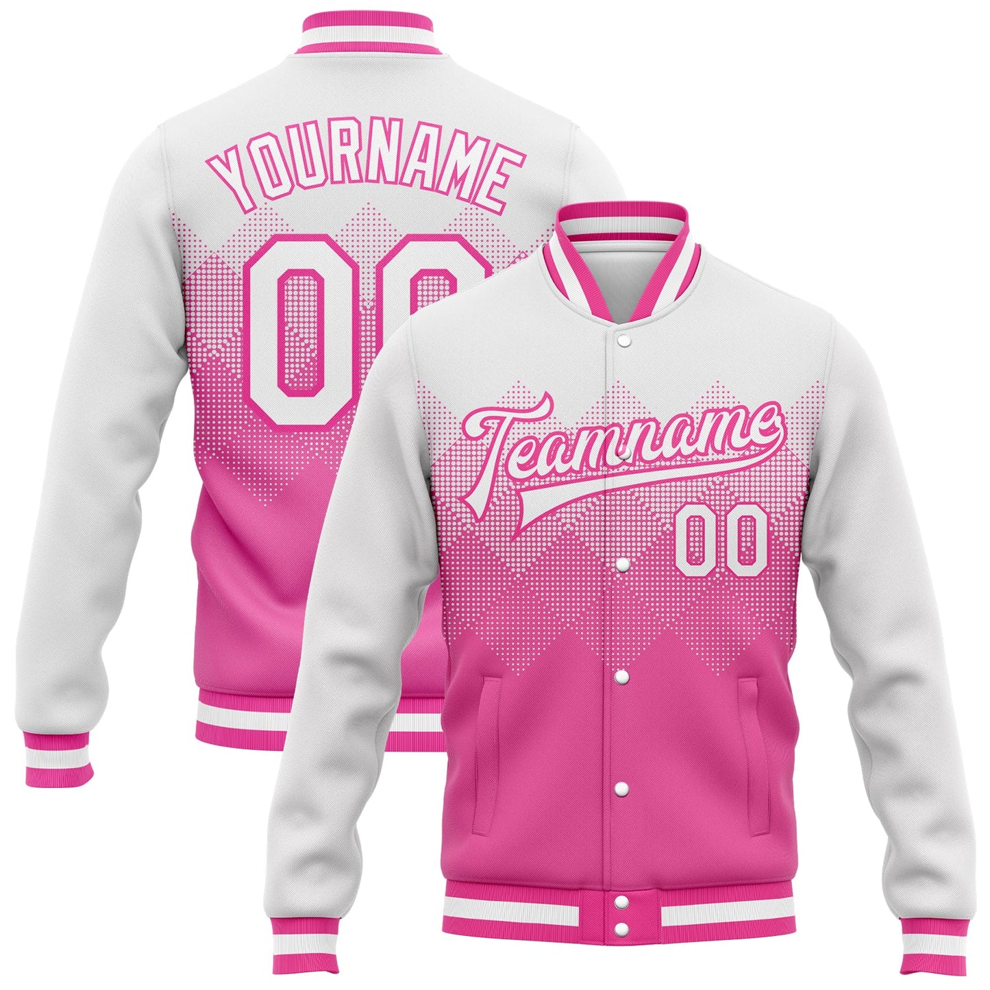 Custom Pink White 3D Pattern Design Bomber Full-Snap Varsity Letterman Jacket - Main View