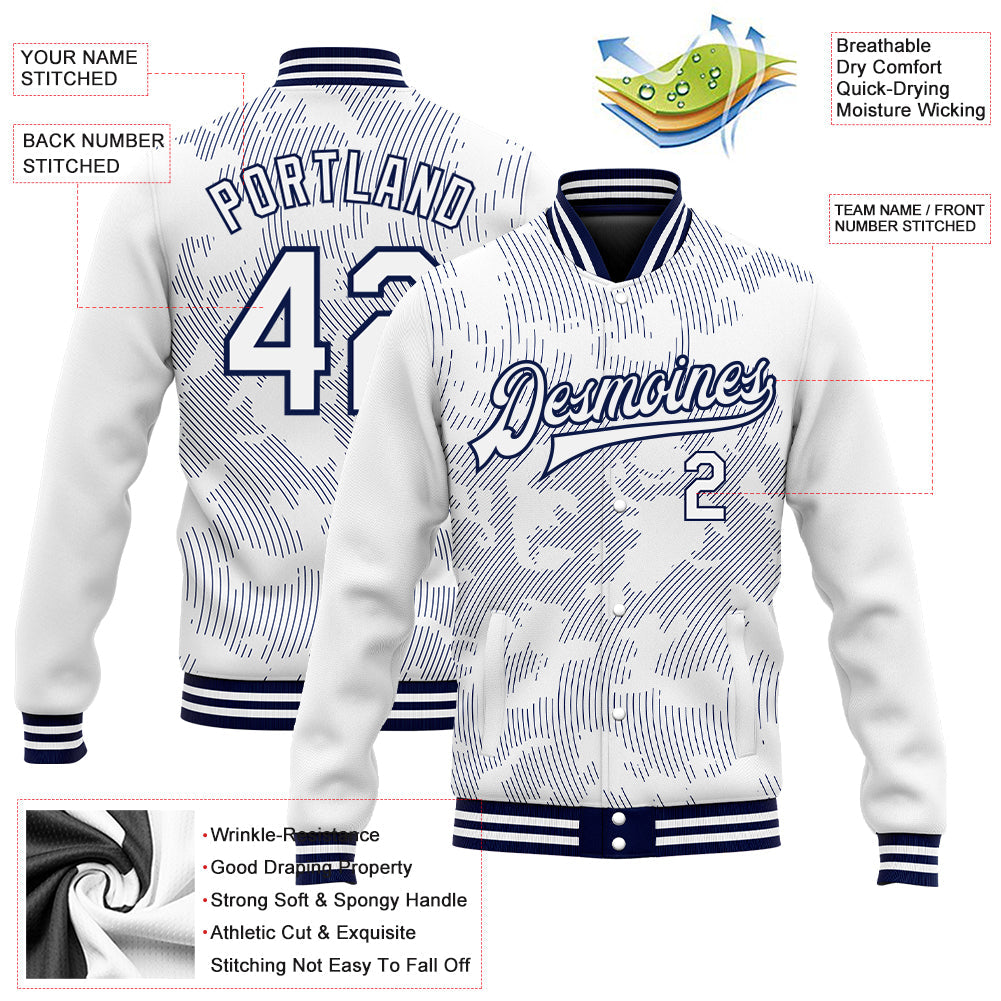 Custom White Navy 3D Pattern Design Bomber Full-Snap Varsity Letterman Jacket view 5