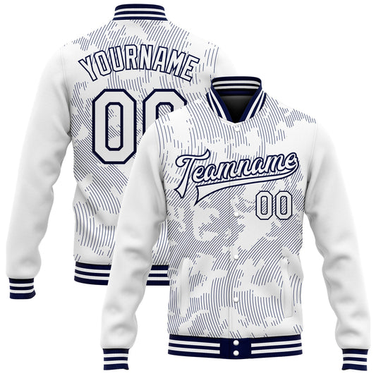 Custom White Navy 3D Pattern Design Bomber Full-Snap Varsity Letterman Jacket - Main View