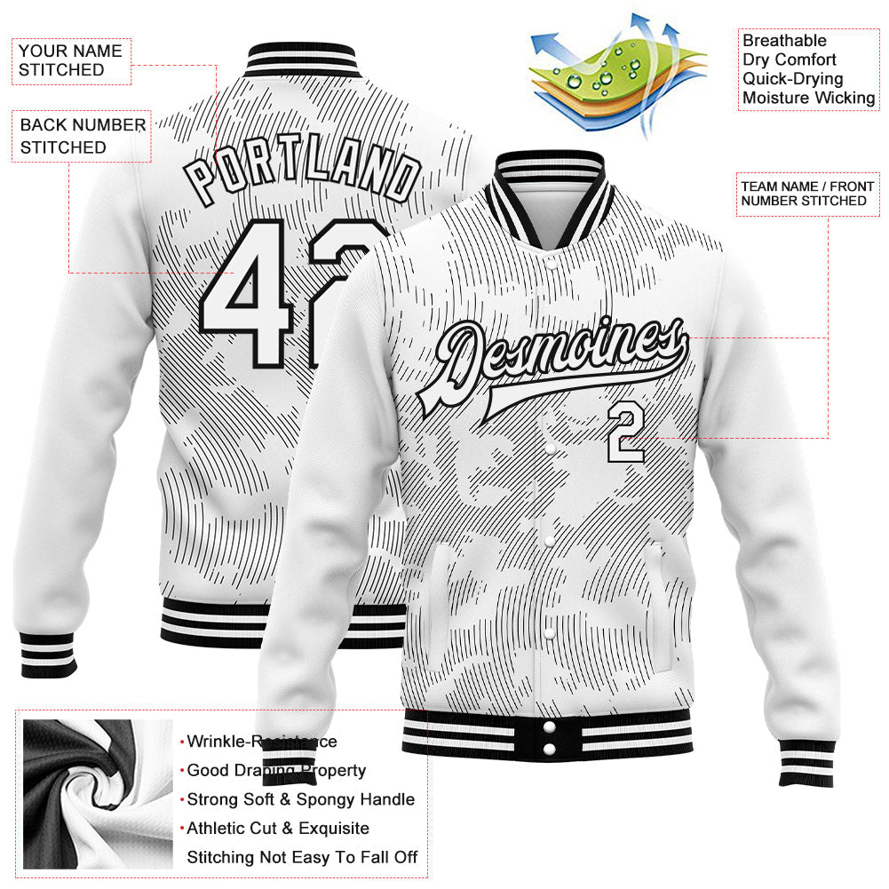 Custom White Black 3D Pattern Design Bomber Full-Snap Varsity Letterman Jacket view 5
