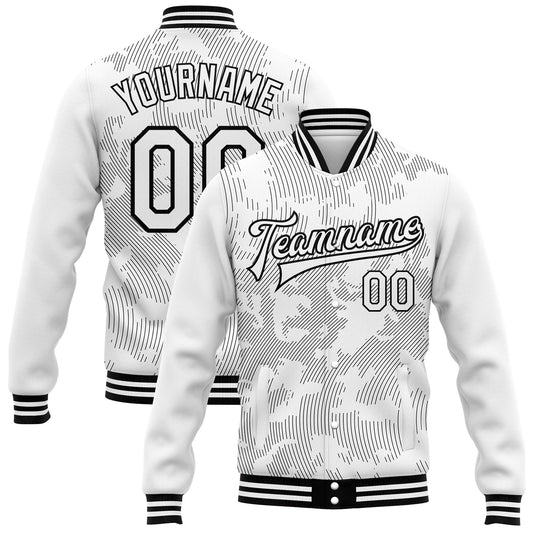 Custom White Black 3D Pattern Design Bomber Full-Snap Varsity Letterman Jacket - Main View