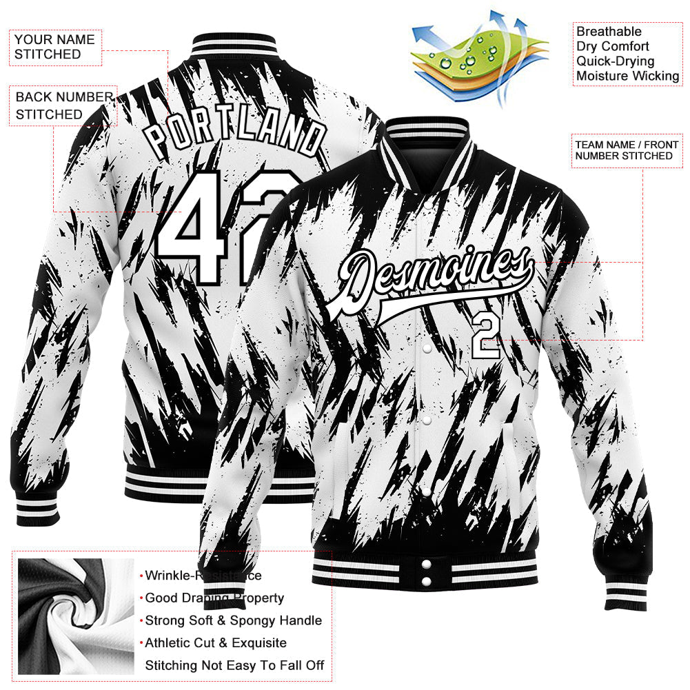 Custom White Black 3D Pattern Design Bomber Full-Snap Varsity Letterman Jacket view 5