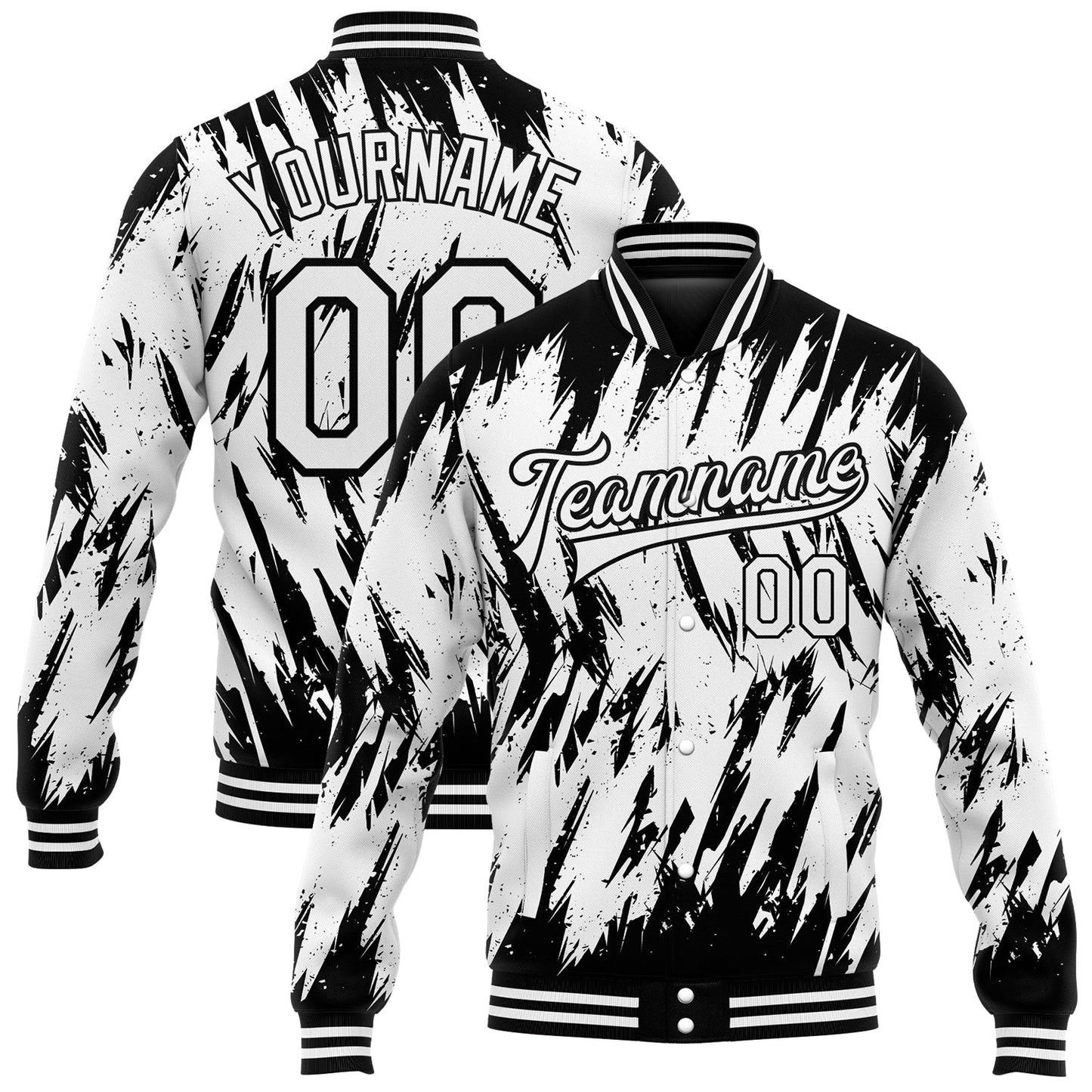 Custom White Black 3D Pattern Design Bomber Full-Snap Varsity Letterman Jacket - Main View