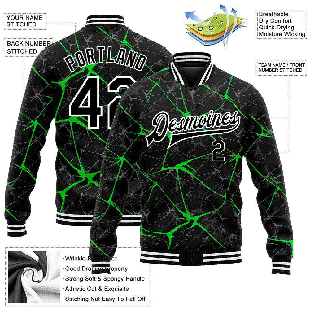 Custom Black Neon Green 3D Pattern Design Bomber Full-Snap Varsity Letterman Jacket view 5