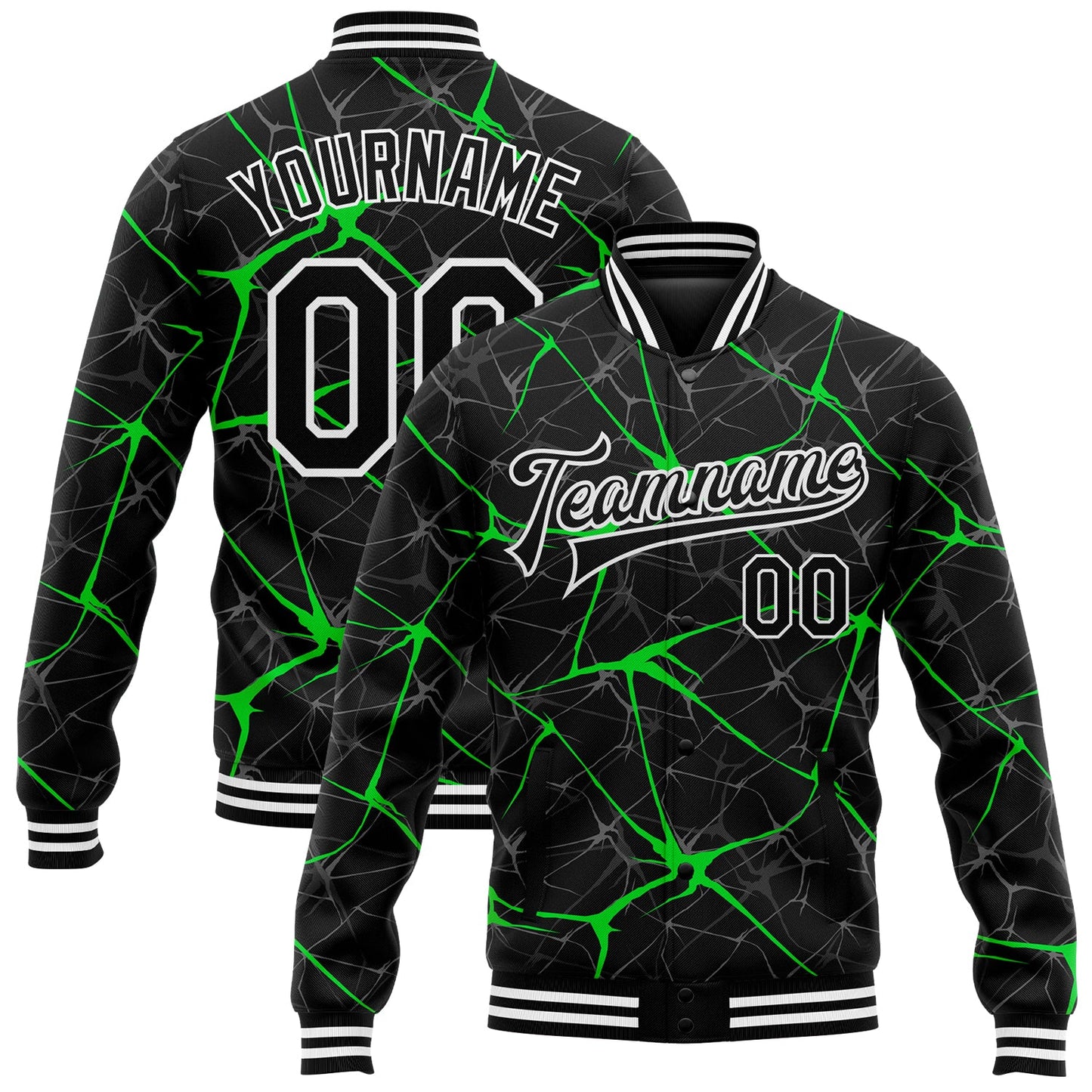 Custom Black Neon Green 3D Pattern Design Bomber Full-Snap Varsity Letterman Jacket - Main View
