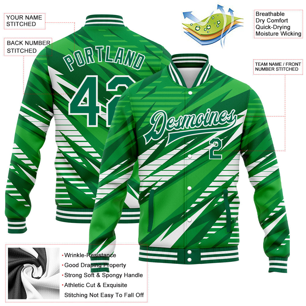 Custom Kelly Green White 3D Pattern Design Bomber Full-Snap Varsity Letterman Jacket view 5