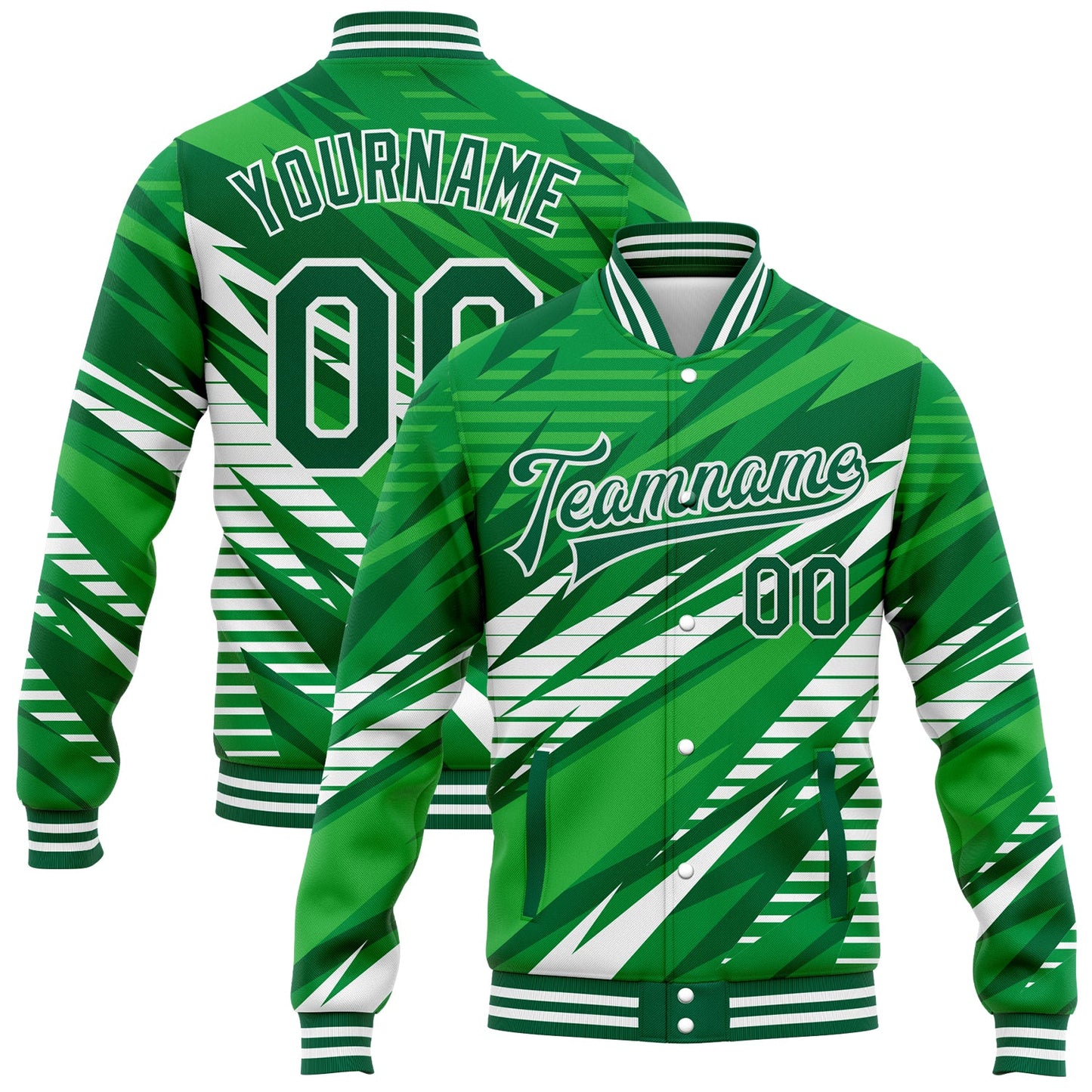 Custom Kelly Green White 3D Pattern Design Bomber Full-Snap Varsity Letterman Jacket - Main View