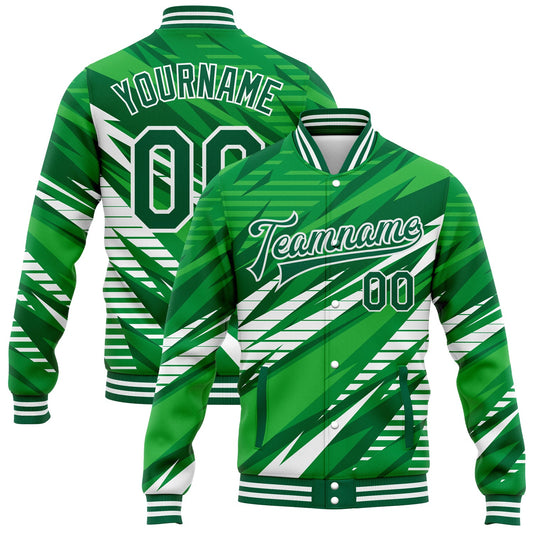 Custom Kelly Green White 3D Pattern Design Bomber Full-Snap Varsity Letterman Jacket - Main View