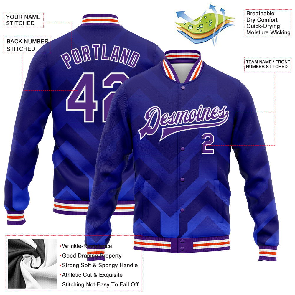 Custom Royal Purple-Orange 3D Pattern Design Bomber Full-Snap Varsity Letterman Jacket view 5