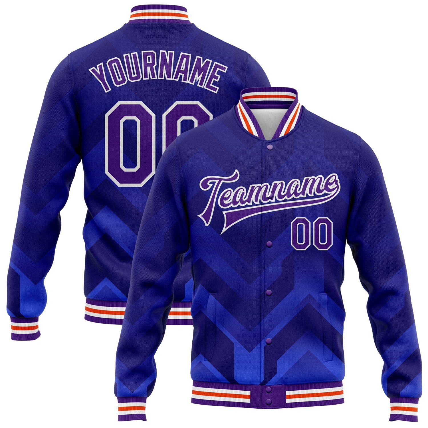 Custom Royal Purple-Orange 3D Pattern Design Bomber Full-Snap Varsity Letterman Jacket - Main View