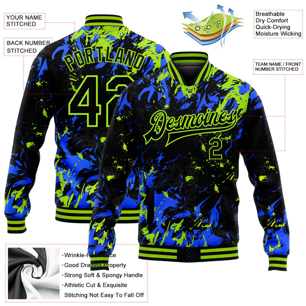 Custom Black Neon Green-Royal 3D Pattern Design Bomber Full-Snap Varsity Letterman Jacket view 5